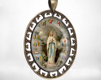 Our Lady of Lourdes Large Bronze Pendant Virgin Mary Medal