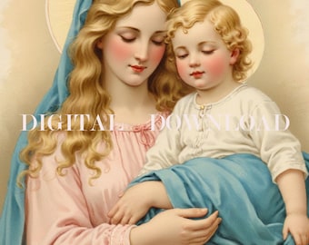 Mother Mary and Baby Jesus DIGITAL DOWNLOAD Religious Art Print Christian