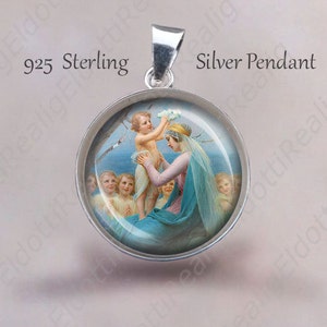 Crowing of Mother Mary Religious Christian Medal. Sterling Silver 925 Pendant 20mm. Virgin Mary and Angels Silver Medal For Necklace