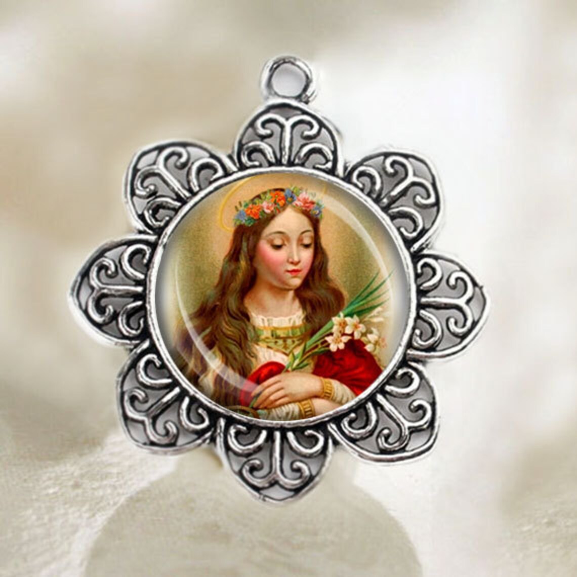 St Philomena Medal Catholic Christian Flower Shaped Silver Etsy