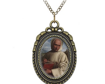 St. Bruno the Confessor Catholic Necklace Pendant Jewelry Medal Oval Style Charm Bronze w Chain