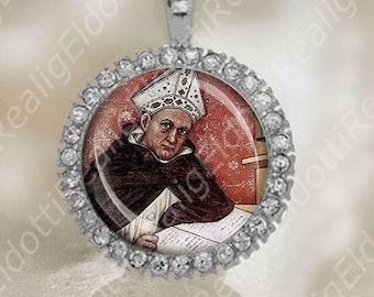 St Albertus Magnus Medal: Rhinestone Catholic Religious Jewelry