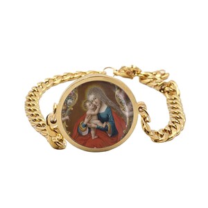 Our Lady Virgin Mary Curb Bracelet Gold or Silver tone Religious Jewelry Simple Chain