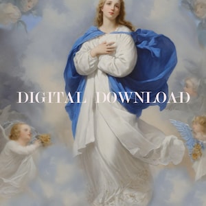 May include: A painting of a woman in a white dress and blue robe, with a halo, surrounded by clouds and angels. The woman is looking up and has her hands clasped in front of her chest.