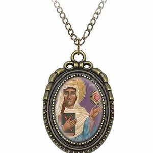 St Margaret of Scotland Catholic Necklace Bronze Medal w Chain Oval Pendant Saint