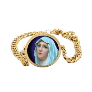 Our Lady Mary Curb Bracelet In Gold or Silver tone Religious Jewelry