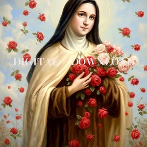 Saint Therese of Lisieux Full Of Roses Catholic Religious Art Print DIGITAL DOWNLOAD
