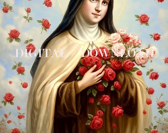 Saint Therese of Lisieux Full Of Roses Catholic Religious Art Print DIGITAL DOWNLOAD