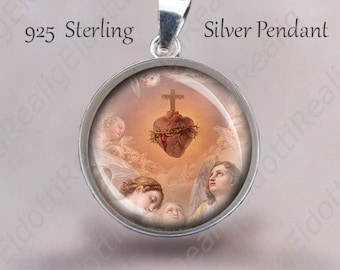 Jesus Sacred Heart and Cherubs Medal 925 Sterling Silver Medal Pendant Blood Crucifix  0.8" (20 mm)