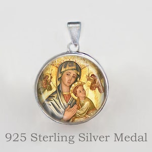 Our Mother of Perpetual Help Religious Christian Medal. Sterling Silver 925 Christian Virgin Mary Pendant