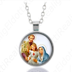 Holy Family Catholic Joseph Mary Child Jesus Necklace Medal Silver Tone Pendant Chain Jewelry
