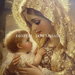 La Madonna Vergine Maria con Gesù Bambino in stampa dorata Arte religiosa DOWNLOAD DIGITALE