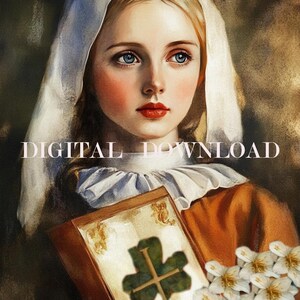 May include: A young woman wearing a white head covering holds a book with a green four-leaf clover on the cover. She is wearing a brown and white dress and has a bouquet of white flowers in her other hand.