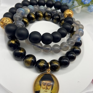 St Charbel Catholic Set of 3 Stretch Bracelets | Labradorite, Black Onyx,  Gold Lava Stones Saint Charbel Charm