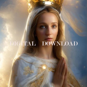 Mooie Moeder Maria Onze-Lieve-Vrouwekroon Heaven Glory DIGITALE DOWNLOAD | Maria in gebed religieuze kunst print christelijk