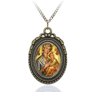 Our Mother of Perpetual Help - Catholic Necklace Jewelry Medal Oval Brass Pendant Retro Style Charm