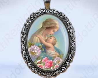 Virgin Mary and Baby Jesus Medal: Silvertone Filigree Catholic Pendant