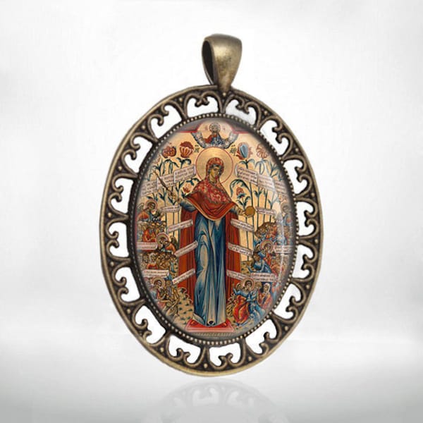 Medaglia Theotokos: Gioia di tutti coloro che soffrono, ciondolo ortodosso in bronzo