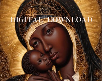 Black Madonna Mary And Baby Jesus Religious Art DIGITAL DOWNLOAD Print