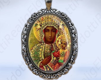 Black Madonna Our Lady of Czestochowa - Catholic Medal Pendant Oval Victorian Style