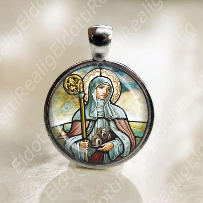 St. Brigid of Kildare Catholic Medal. Religious Christian Pendant. Silver Tone Round Medal image 1