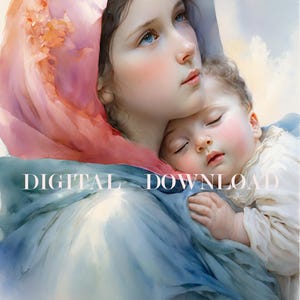 Madonna van de straten aquarel stijl - Maria en baby Jezus katholieke kunst DIGITALE DOWNLOAD religieuze kunst Print Christian