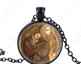 Babywearing Mother Mary And Child Black Necklace Catholic Madonna Sling Medal Religious Pendant Jewelry