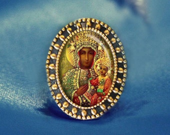 Black Madonna Our Lady Czestochowa Mary Brooch Catholic Broach Antique Gold Pin