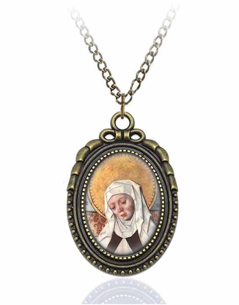 St Bridget of Sweden Catholic Necklace Bronze Medal w Chain Oval Pendant Saint Vintage