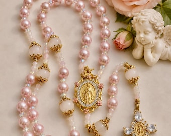Rosary Pink Pearl Immaculate Mary, Rose Quartz Catholic Prayer Beads, Miraculous Medal