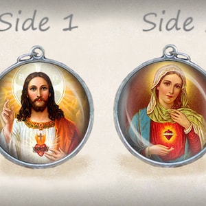 Sacred Heart Jesus and Mother Mary - Catholic Medal. Pendant / Charm Double Sided 1 Inch.