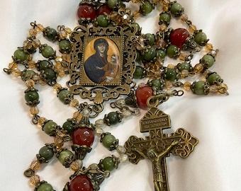 Salus Populi Romani Rosary Mother Mary Jade Gemstones & Bronze Crucifix