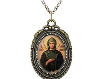 Handmade St Anna of Kashin Orthodox Pendant Necklace, Bronze Style