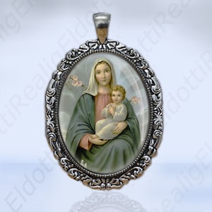 Virgin Mary with Child Jesus Catholic Christian Medal Silvertone Filigree Pendant Oval image 1