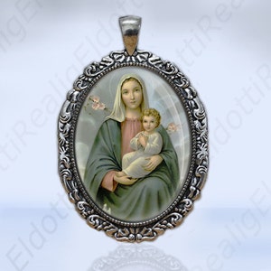 Virgin Mary with Child Jesus Catholic Christian Medal Silvertone Filigree Pendant Oval