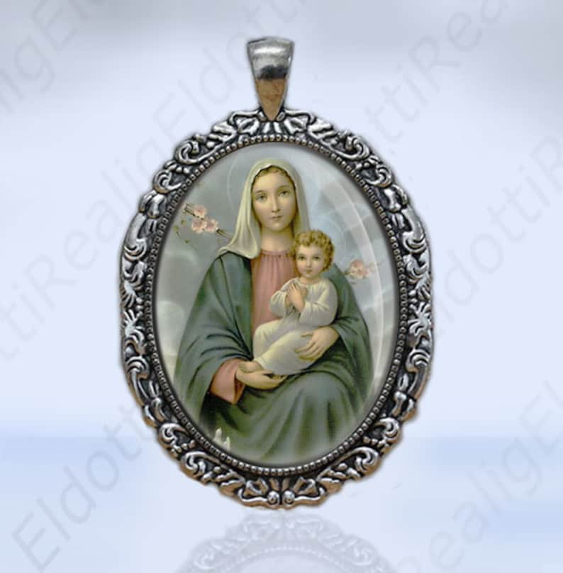 Virgin Mary with Child Jesus Catholic Christian Medal Silvertone Filigree Pendant Oval image 1