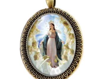 Mother Virgin Mary with Angels Bronze Oval Pendant