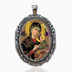 Our Lady of Perpetual Help - Catholic Medal Oval Silver Tone Pendant