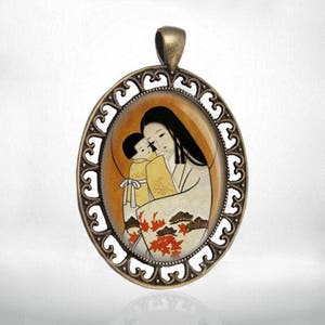 Mother and Child Catholic Medal Japanese Art. Virgin Mary and Baby Pendant Madonna Medallion for Necklace.