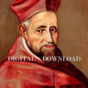 May include: A portrait of a man in a red robe and hat, with the text "DIGITAL DOWNLOAD" in white. The man has a white beard and mustache, and his skin tone is light. The background is a muted brown.