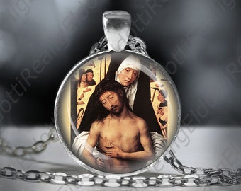 Sorrowful Mother Medal Necklace: Catholic Mary and Jesus Pendant, 24'' Chain