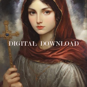 Puede incluir: Una pintura de una mujer con una túnica roja con capucha y sosteniendo una cruz dorada con una joya azul. La mujer tiene el pelo largo y oscuro y mira directamente al espectador.