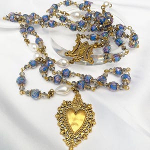 Rosary Immaculate Mary Blue Lampwork Beads Gold Tone Sacred Heart with Pearls Drops