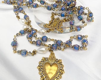 Rosary Immaculate Mary Blue Lampwork Beads Gold Tone Sacred Heart with Pearls Drops
