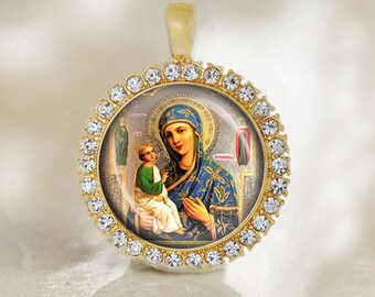 Handmade Baby Jesus & Virgin Mary Rhinestone Pendant: Orthodox Icon Medal