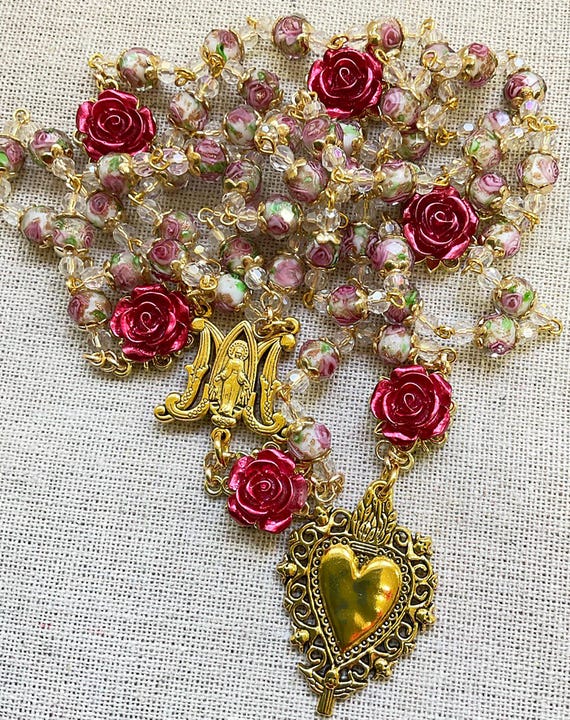 Sacred Heart & Immaculate Mary Red Rose Rosary Handmade Necklace