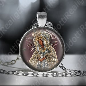 Black Madonna Our Lady of the Gate of Dawn Vilnius Catholic Necklace. Virgin Mary Religious Pendant Medal. Catholic Silvertone Necklace