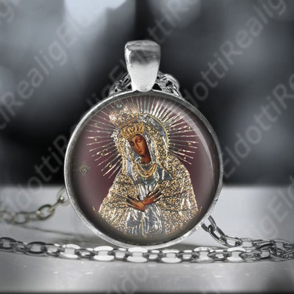 Black Madonna Our Lady of the Gate of Dawn Vilnius Catholic Necklace. Virgin Mary Religious Pendant Medal. Catholic Silvertone Necklace