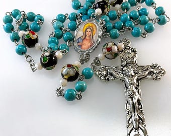Handmade Turquoise Rosary, Immaculate Heart of Mary Centerpiece, Blue Enamel Flower Beads, Marian Gift