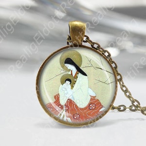Madonna en kind Sakura ketting medaille religieuze hanger bronzen moeder Maria en baby Jezus Japanse kunstsieraden